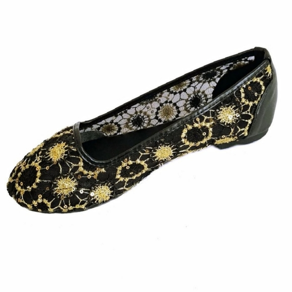 Embroidered Flower Ballet Flats - Black & Gold - Picture 3 of 5
